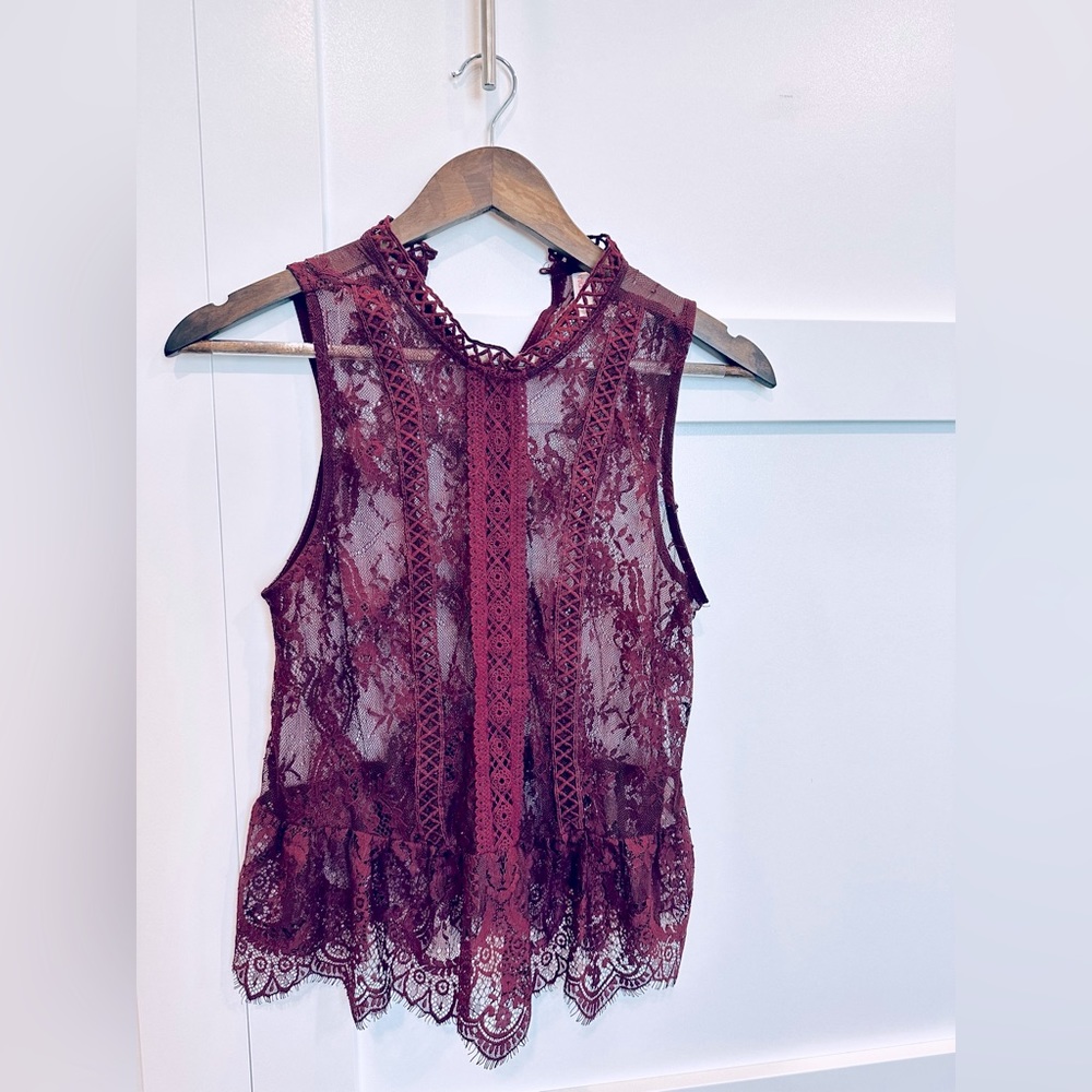 Plum/burgundy mock neck, peplum lace blouse with button neck closure
